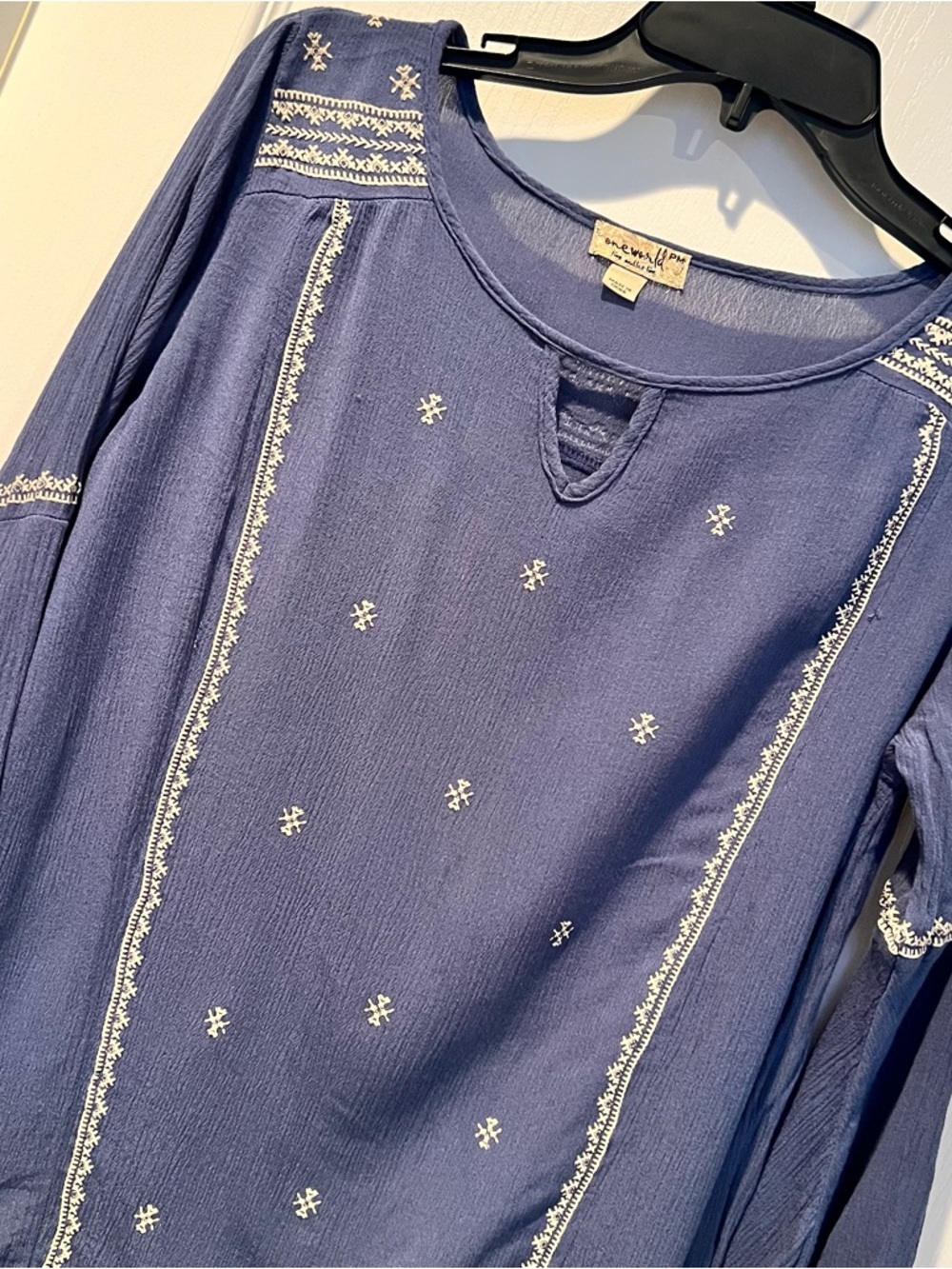ONE WORLD Indigo Blue Embroidered Tunic Top Bell Sleeve Keyhole Hippie Petite M
